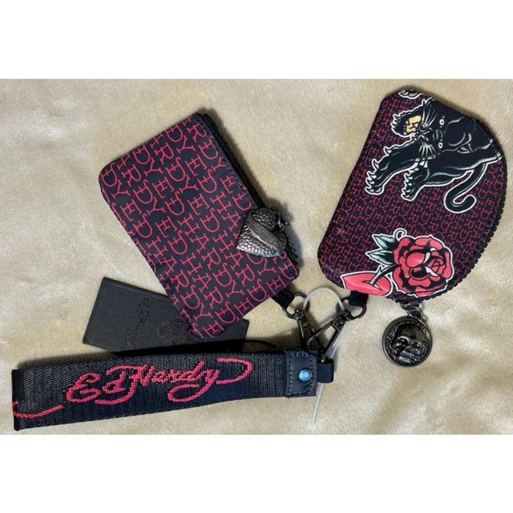 Ed Hardy Tattoo Goth 3 piece NWT Wristlet Coin Purse Hanger Skull Graphic Tag